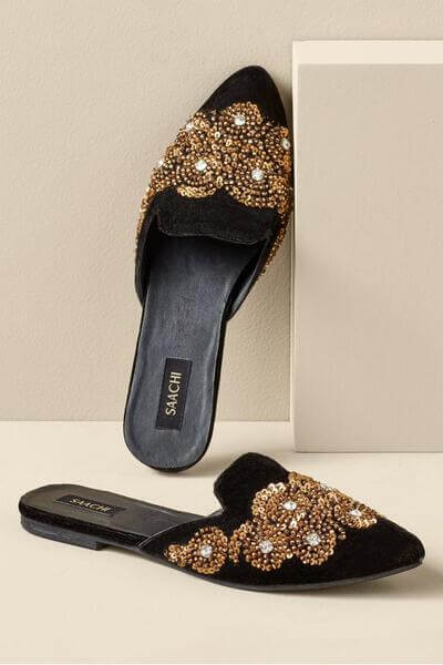 Sequined Floral Velvet Slides - Mildred Hoit