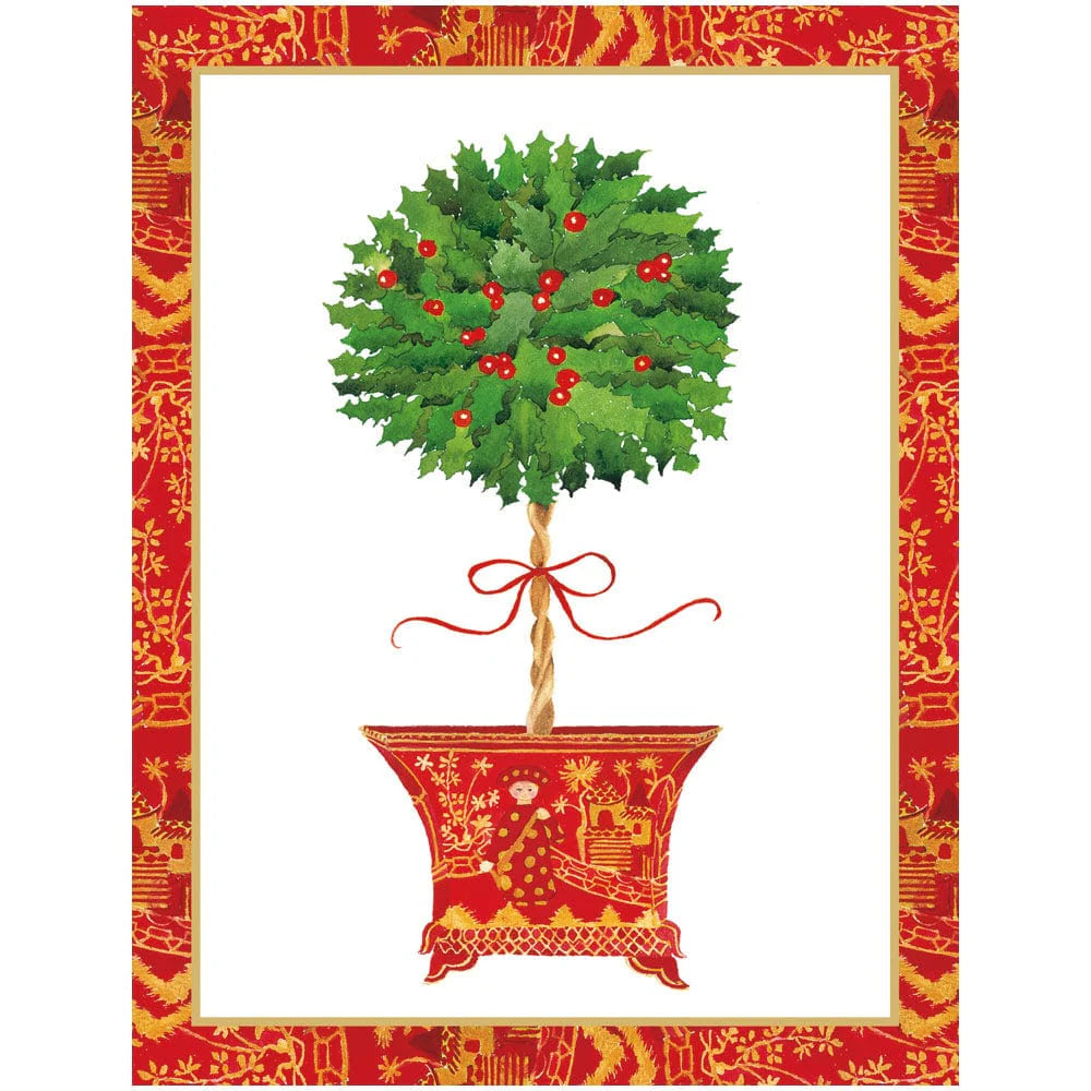 Caspari Holly Topiary In Red Pot Classic Boxed Christmas Cards