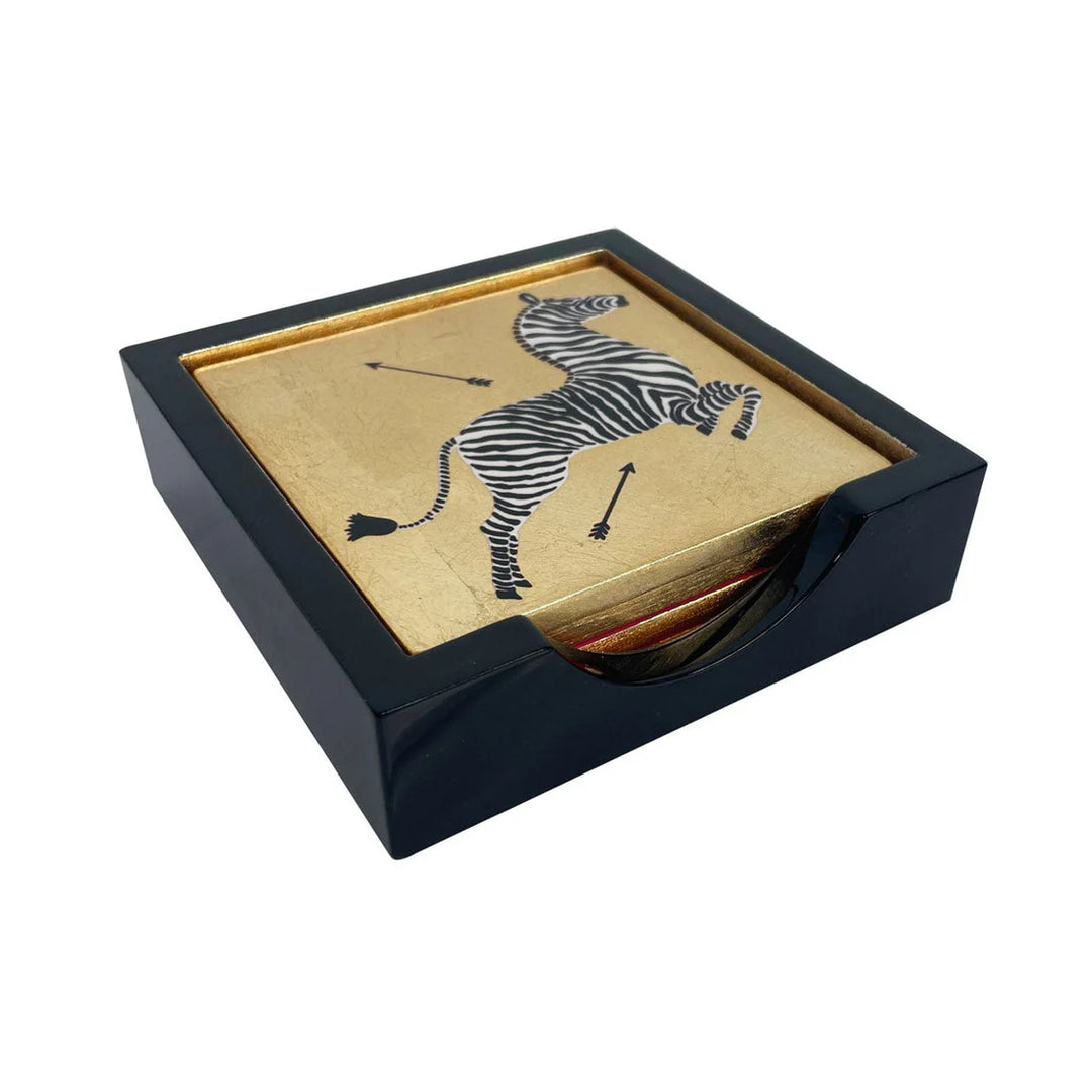 Caspari Zebras Gold Lacquer Coasters - Set Of 4 Coasters In Holder