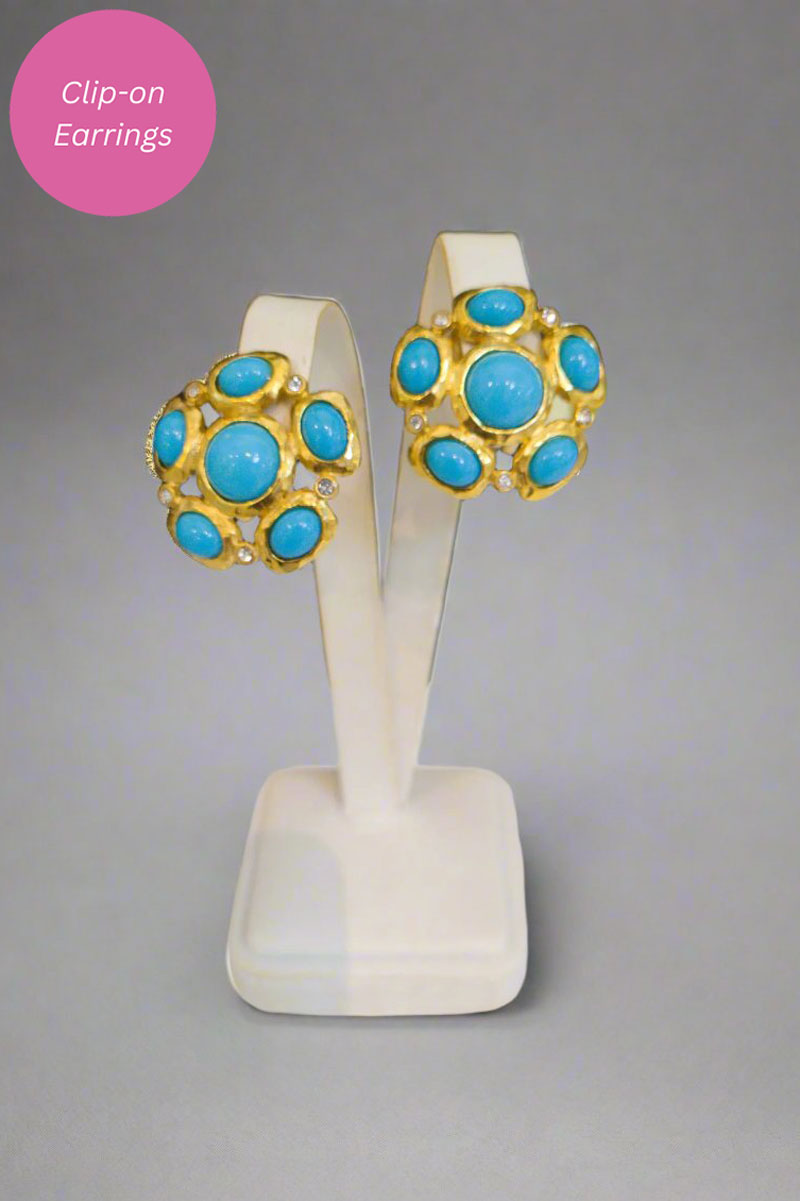 Kenneth Jay Lane Gold Earring with Turquoise Cabochons - Mildred Hoit