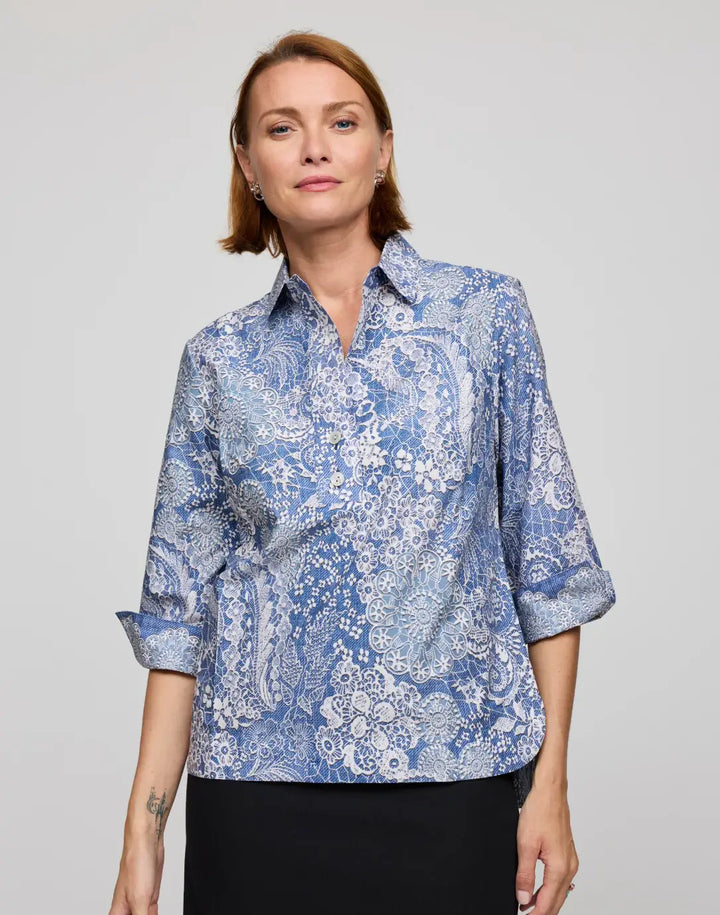 Hinson Wu Aileen Blouse in Blue and Ecru - Mildred Hoit
