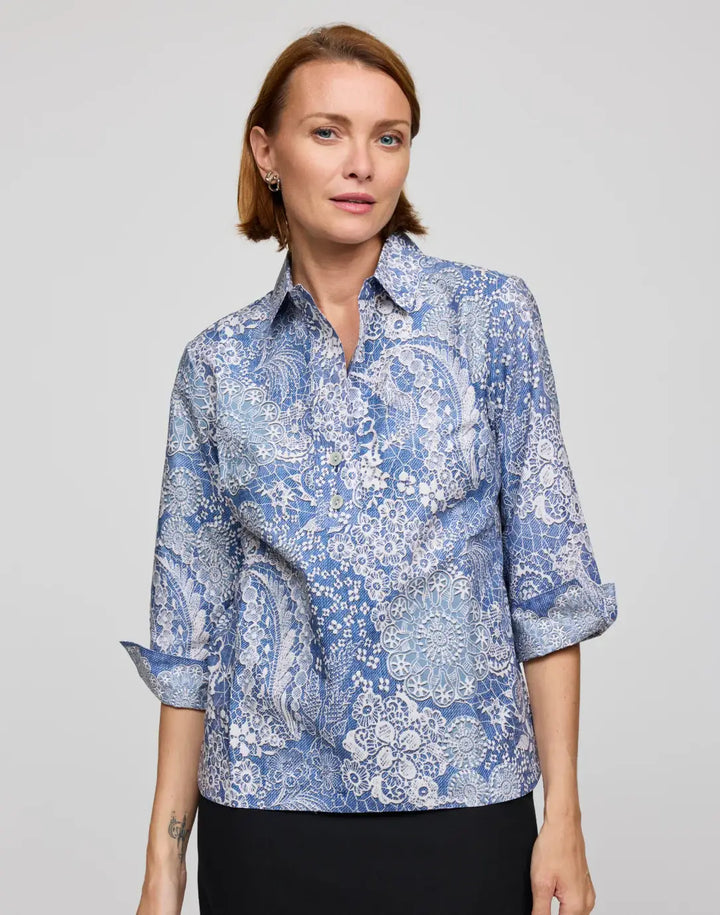 Hinson Wu Aileen Blouse in Blue and Ecru - Mildred Hoit