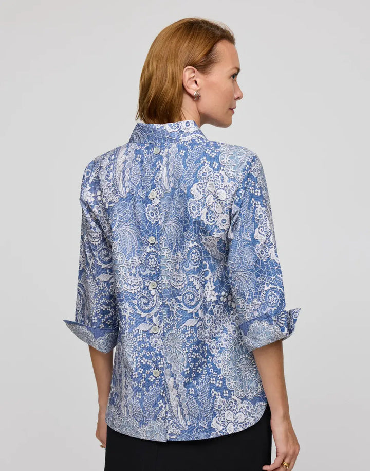 Hinson Wu Aileen Blouse in Blue and Ecru - Mildred Hoit