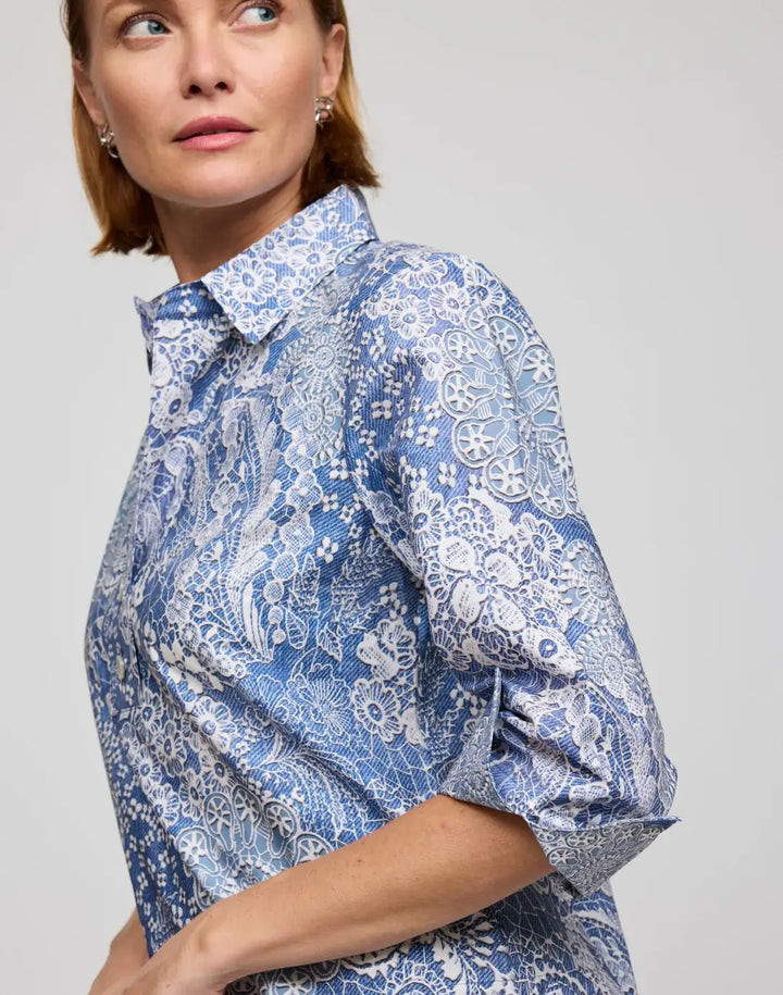 Hinson Wu Aileen Blouse in Blue and Ecru - Mildred Hoit