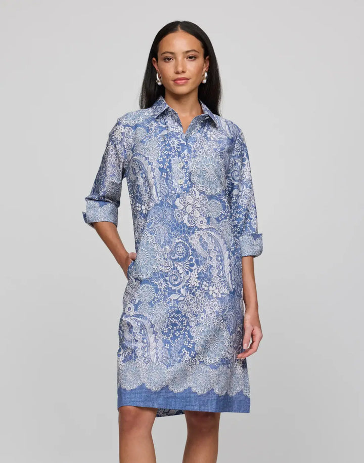 Hinson Wu Charlotte Dress in Blue and Ecru - Mildred Hoit