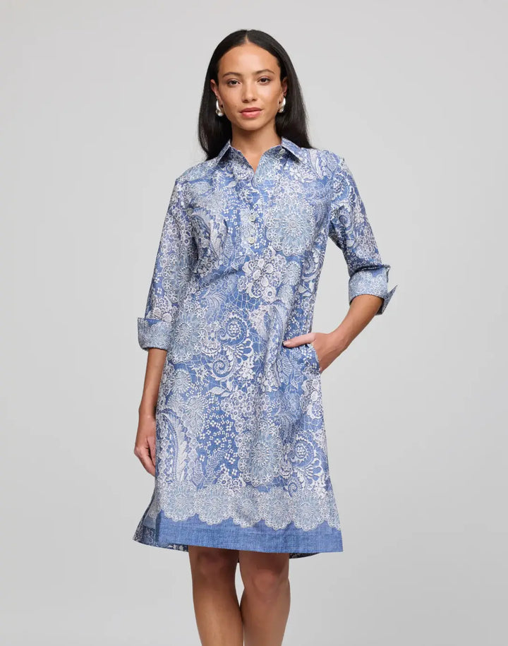 Hinson Wu Charlotte Dress in Blue and Ecru - Mildred Hoit