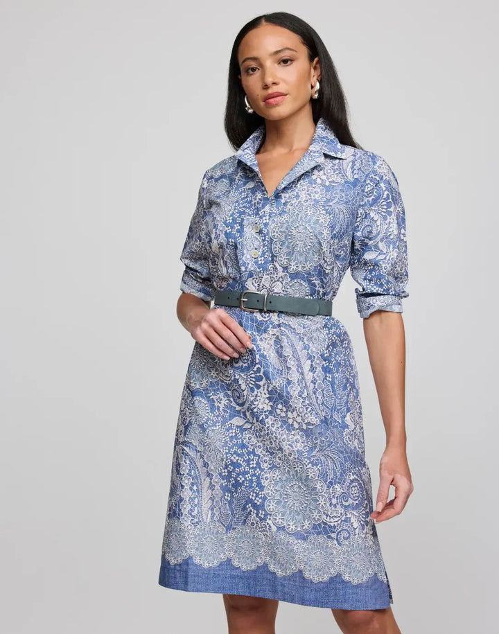 Hinson Wu Charlotte Dress in Blue and Ecru - Mildred Hoit