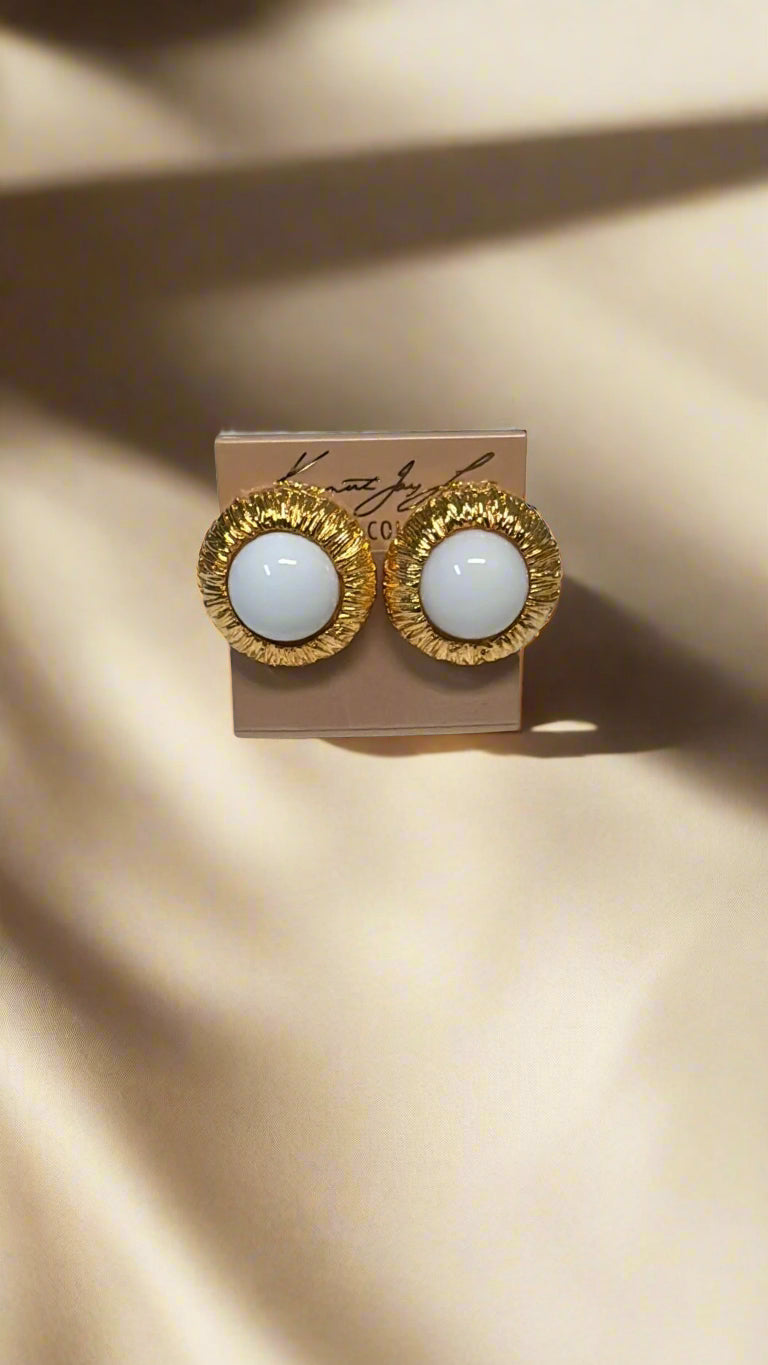 Kenneth Jay Lane White Cabochon Button Clip Earring