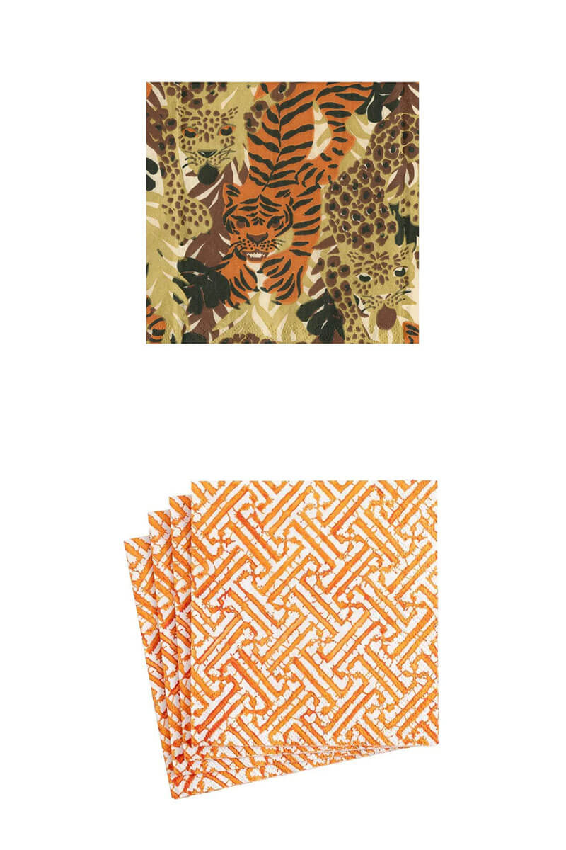 Caspari Wild Cats and Fretwork Orange Cocktail Napkins - Mildred Hoit