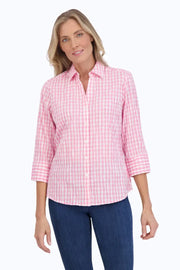 Foxcroft Mary Crinkle Gingham Shirt in Shell Pink available at Mildred Hoit in Palm Beach.