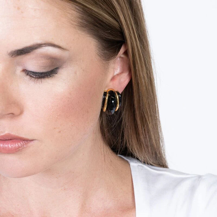 Kenneth Jay Lane Gold Double Ribbed Black Domed Hoop Clip Earring - Mildred Hoit