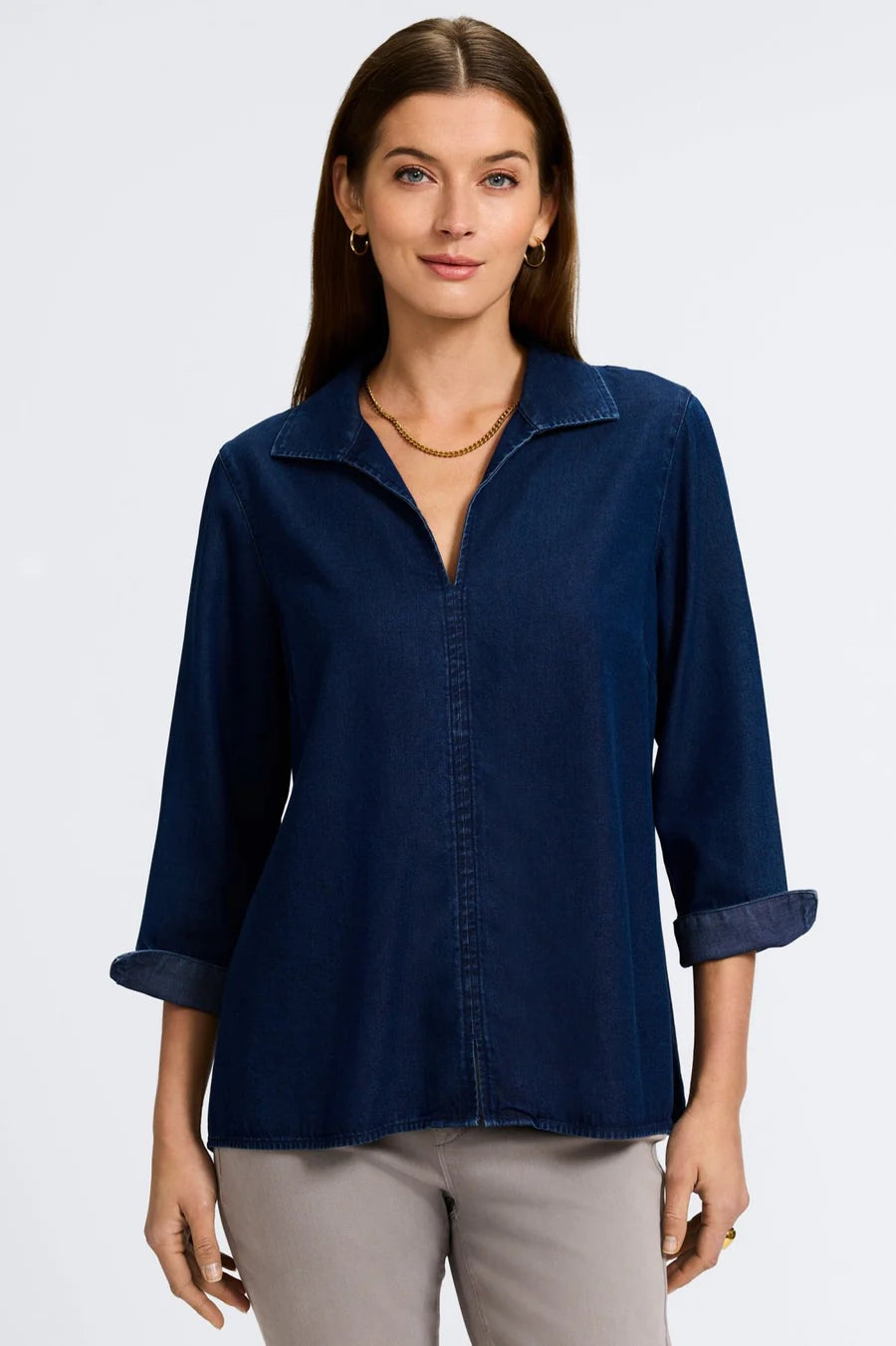 Foxcroft Agnes Tencel Denim Shirt in Dark Wash - Mildred Hoit