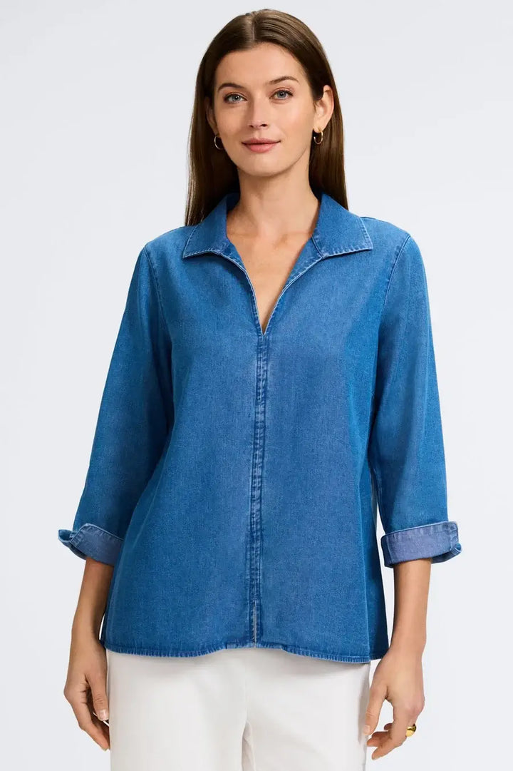 Foxcroft Agnes Tencel Denim Shirt in Medium Wash - Mildred Hoit