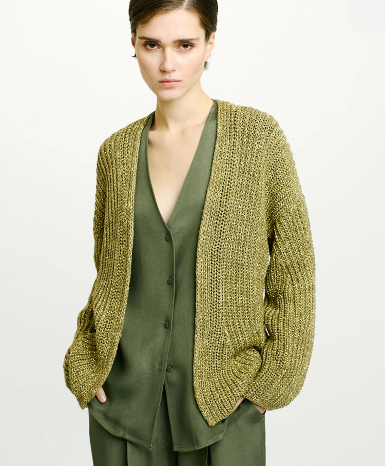 Momoni Aiwe Cardigan in Corn Cob Stitch Verde | Mildred Hoit