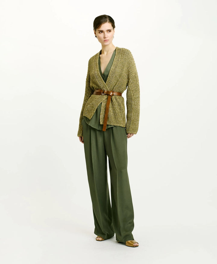Momoni Aiwe Cardigan in Corn Cob Stitch Verde - Mildred Hoit