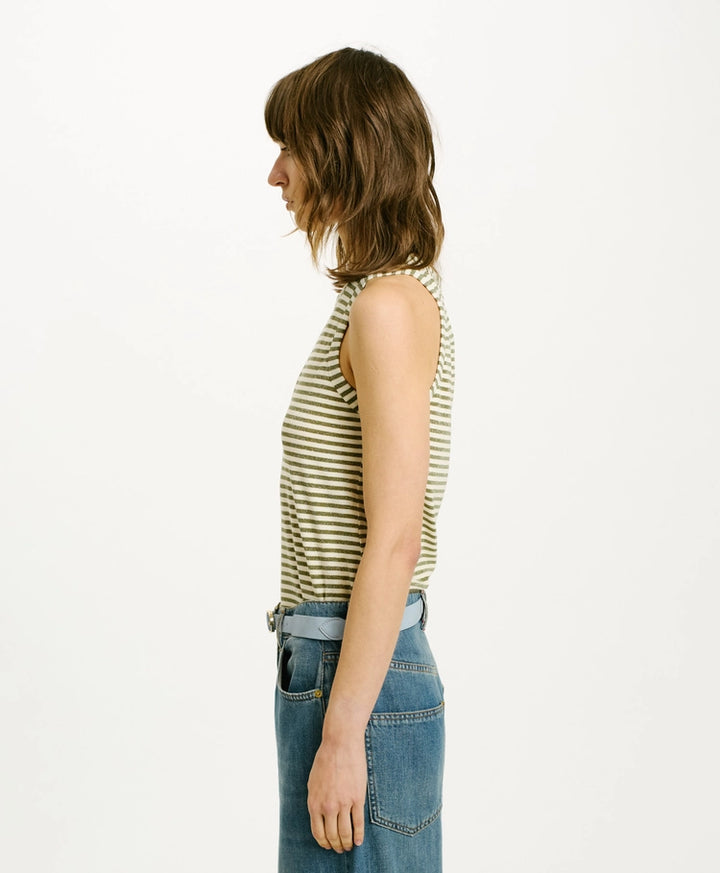 Momoni T-Shirt Genipa in Striped Jersey in Panna and Matcha - Mildred Hoit