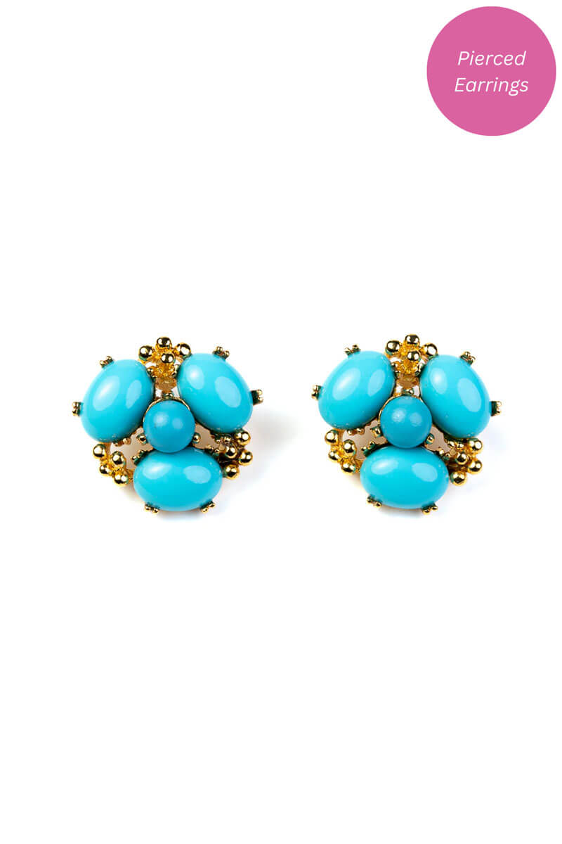 Kenneth Jay Lane Gold and Turquoise Cabochon Cluster Post Earrings - Mildred Hoit