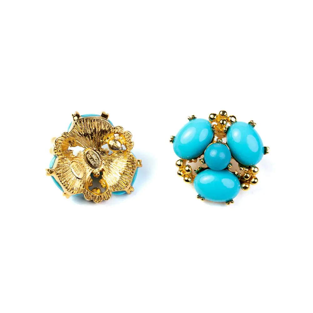 Kenneth Jay Lane Gold and Turquoise Cabochon Cluster Post Earrings - Mildred Hoit