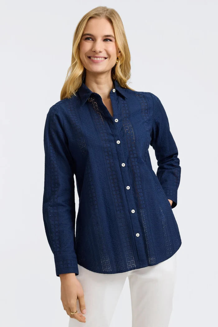 Foxcroft Zoey Cotton Eyelet Long Sleeve Shirt in Navy - Mildred Hoit