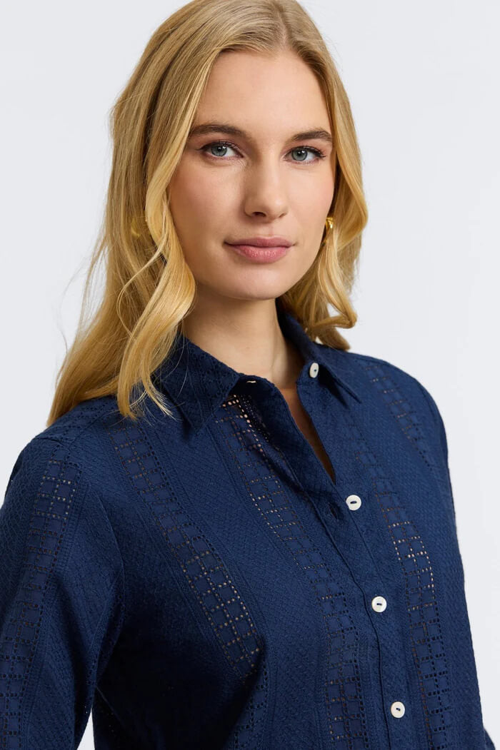Foxcroft Zoey Cotton Eyelet Long Sleeve Shirt in Navy - Mildred Hoit