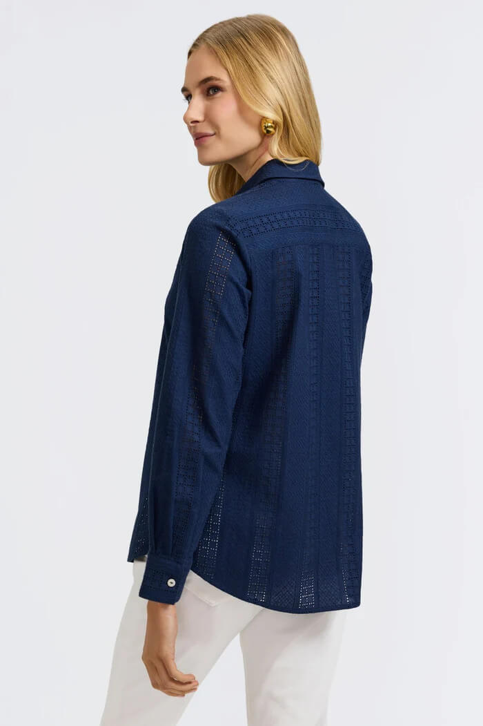 Foxcroft Zoey Cotton Eyelet Long Sleeve Shirt in Navy - Mildred Hoit