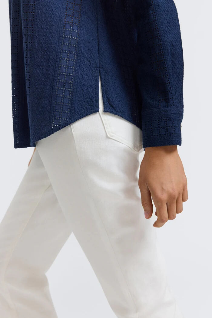 Foxcroft Zoey Cotton Eyelet Long Sleeve Shirt in Navy - Mildred Hoit