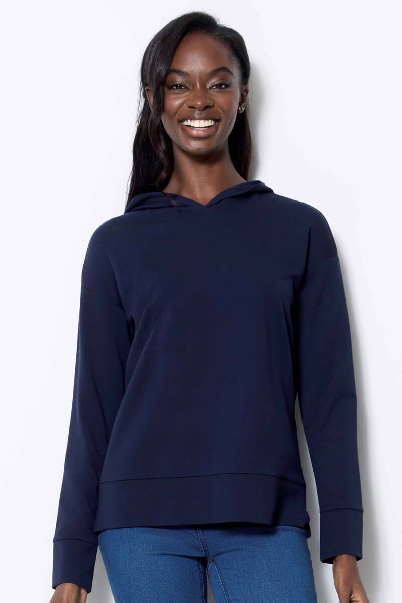 Up! Solid Light Ponte Hoodie in Navy - Mildred Hoit