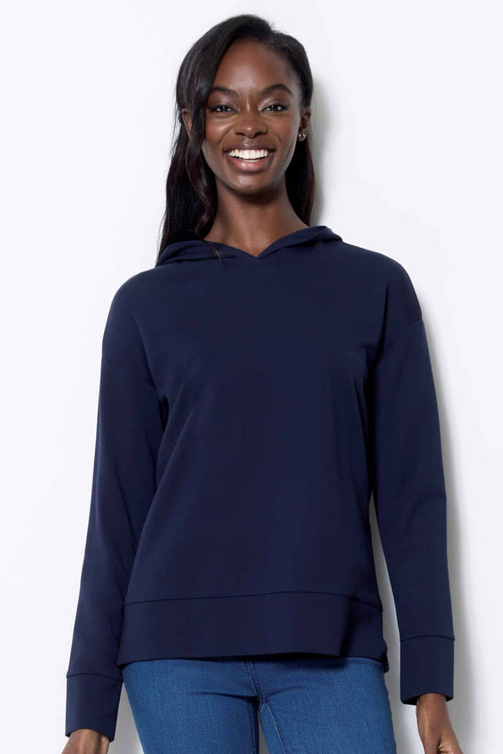 Up! Solid Light Ponte Hoodie in Navy - Mildred Hoit