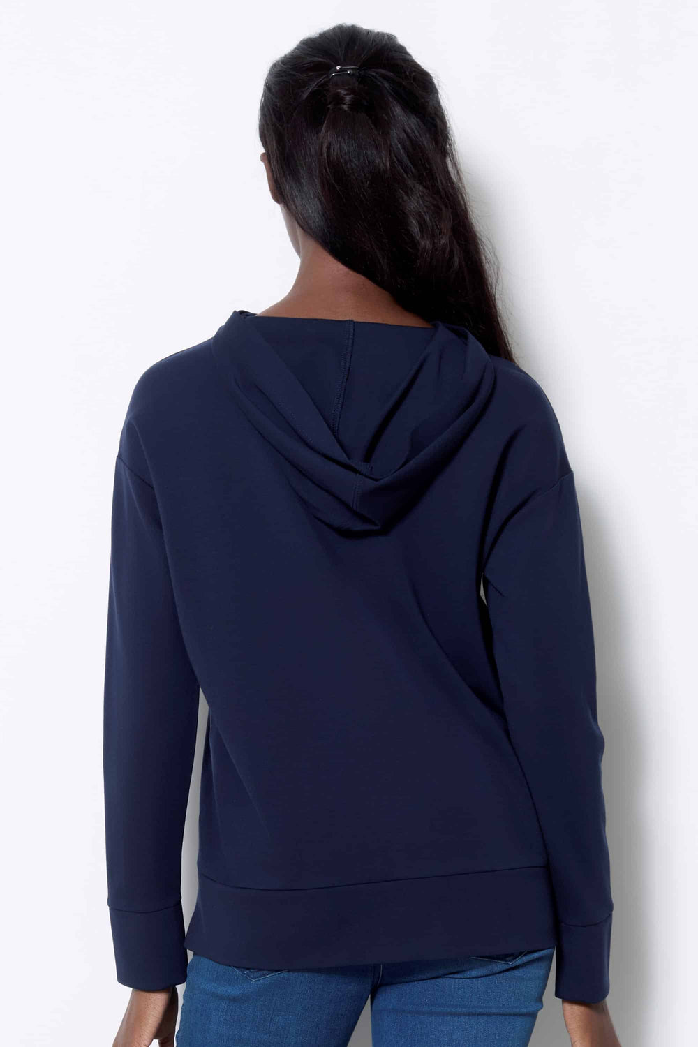 Up! Solid Light Ponte Hoodie in Navy - Mildred Hoit