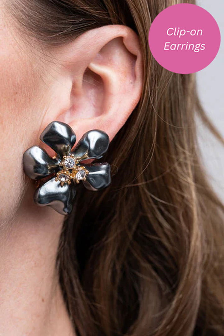 Kenneth Jay Lane Grey Pearl Flower with Crystal Center Earrings - Mildred Hoit