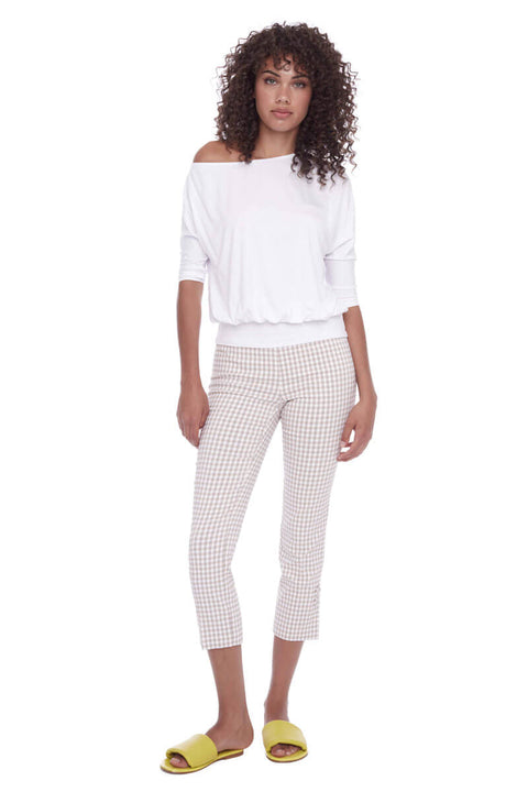 Up! Gingham Techno Crop Pant in Tan and White available at Mildred Hoit in Palm Beach.