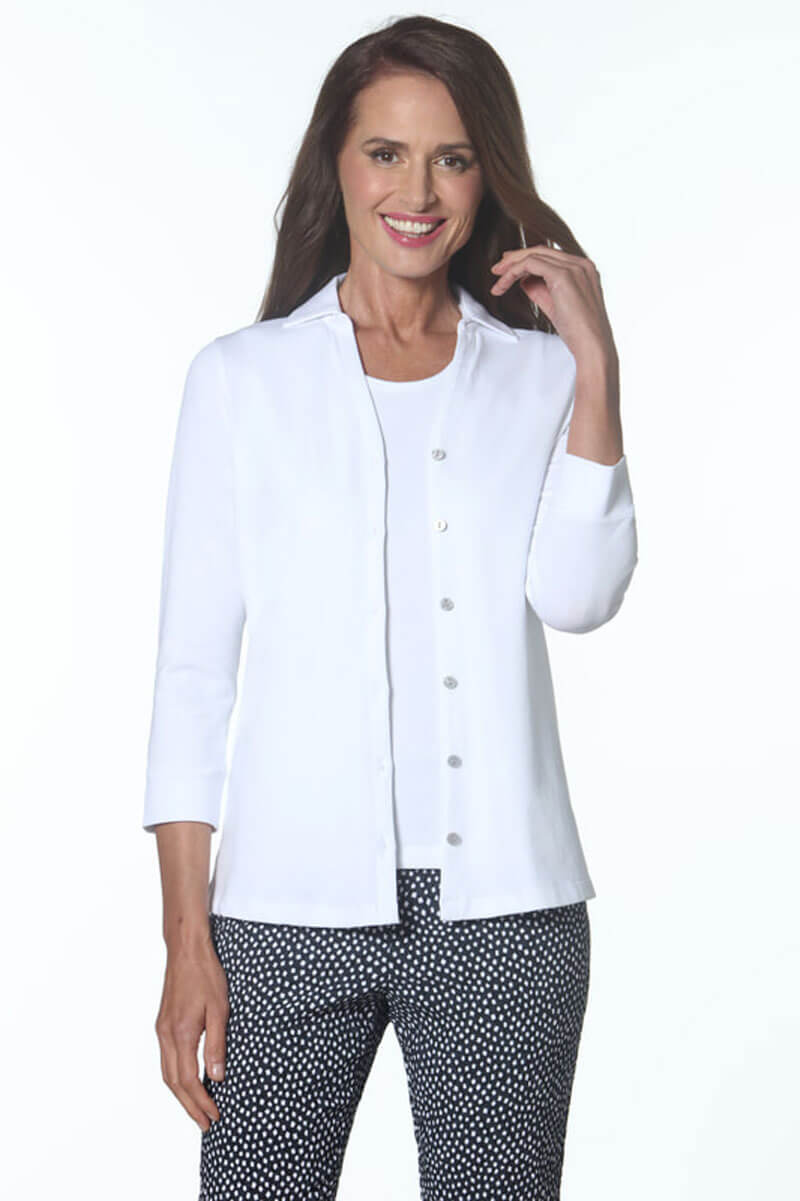 V-Neck Button Down Knit in White - Mildred Hoit