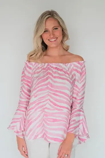 Pink Zebra Carmen Top available at Mildred Hoit in Palm Beach.