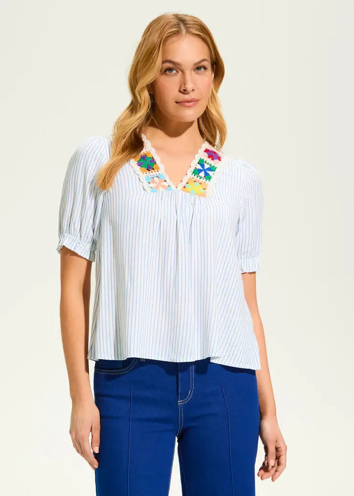 V-Neck Crochet Trim Blouse with Blue Stripe - Mildred Hoit