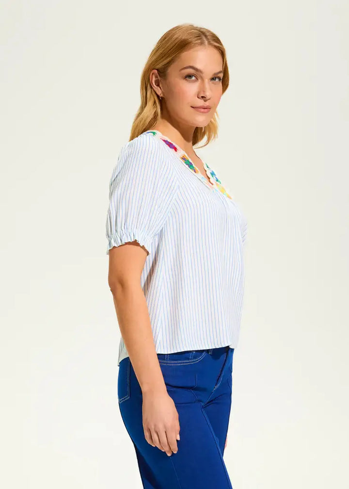 V-Neck Crochet Trim Blouse with Blue Stripe - Mildred Hoit