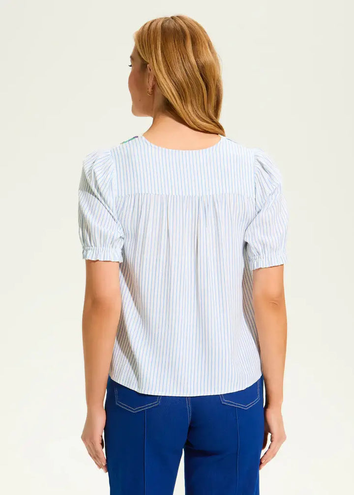 V-Neck Crochet Trim Blouse with Blue Stripe - Mildred Hoit