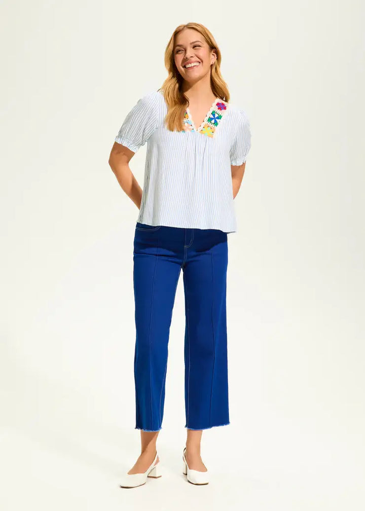 V-Neck Crochet Trim Blouse with Blue Stripe - Mildred Hoit