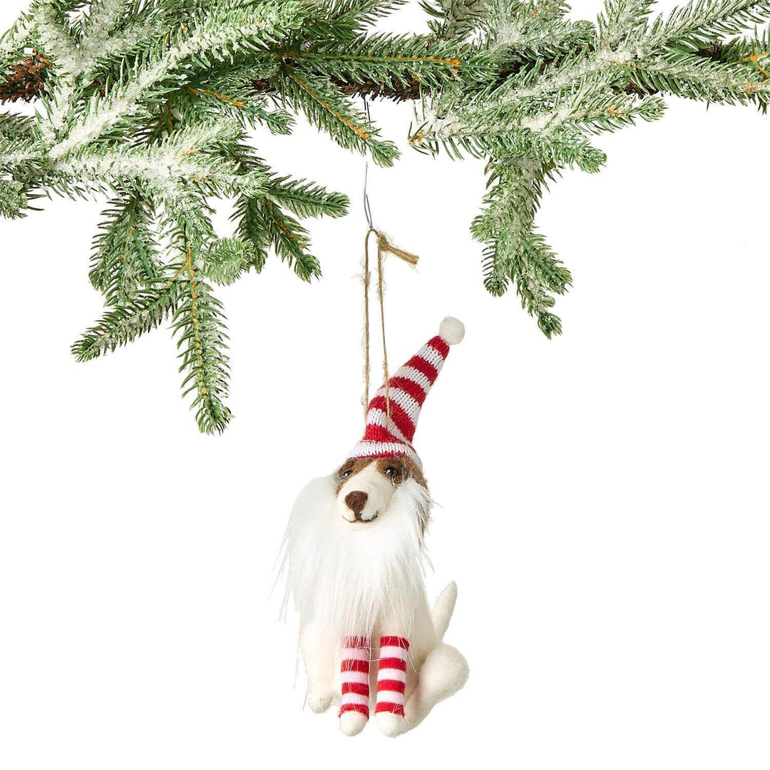 Deck the Paws Hand-Crafted Felt Dog Ornament- White Dog with Red & White Stripes