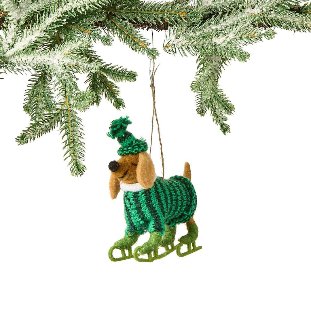Deck the Paws Hand-Crafted Felt Dog Ornament- Hound with Ice Skates