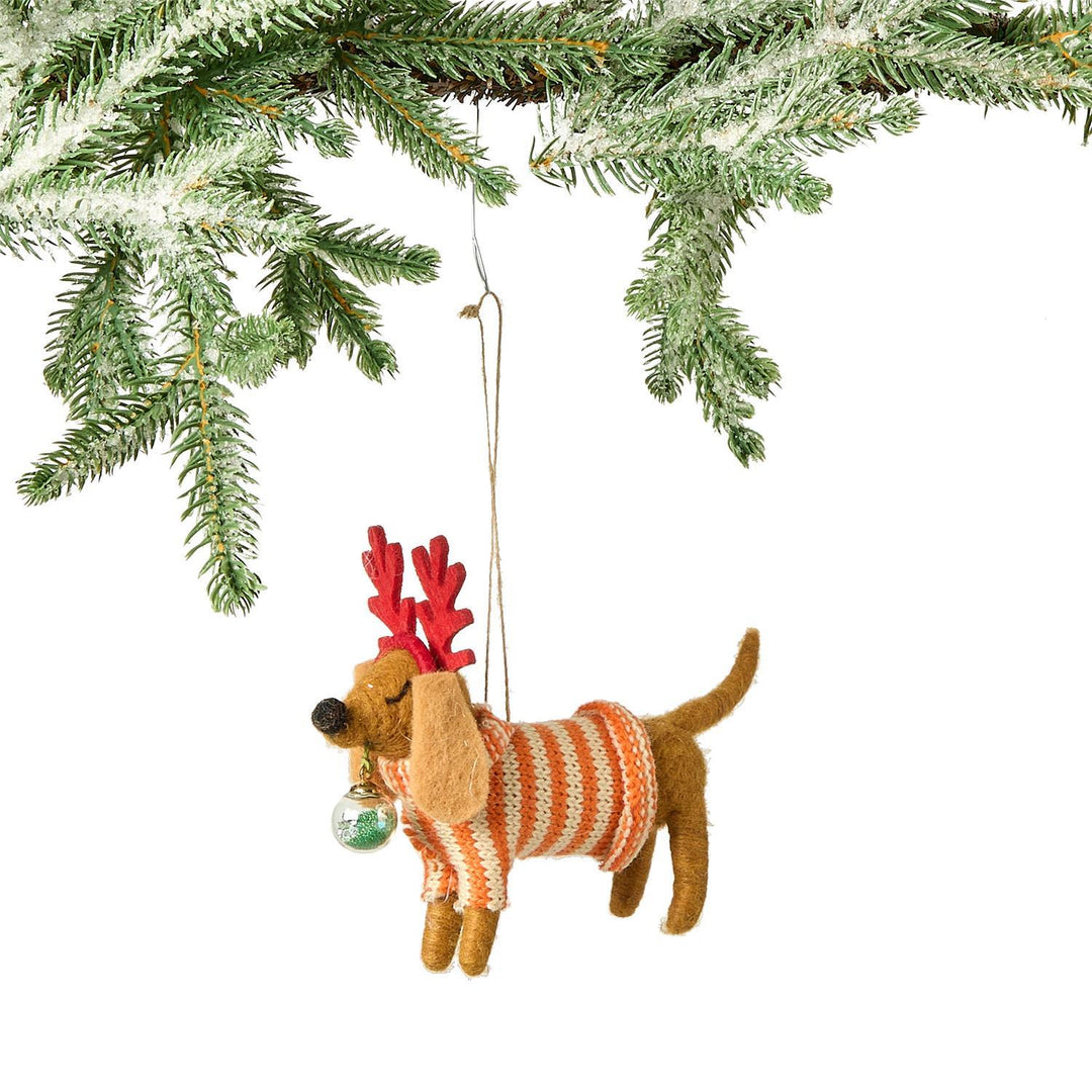 Deck the Paws Hand-Crafted Felt Dog Ornament- Dachshund Orange & White Sweater