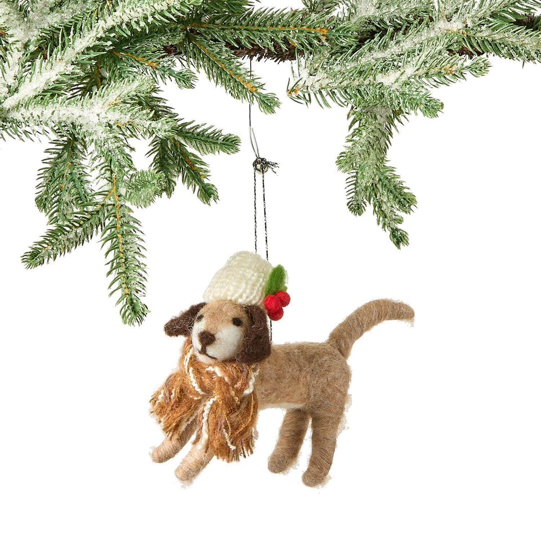 Deck the Paws Hand-Crafted Felt Dog Ornament- Brown Dog with Holly Hat