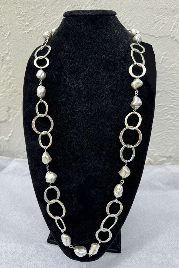 Kenneth Jay Lane Silver Link and Grey Pearl Necklace available at Mildred Hoit in Palm Beach.
