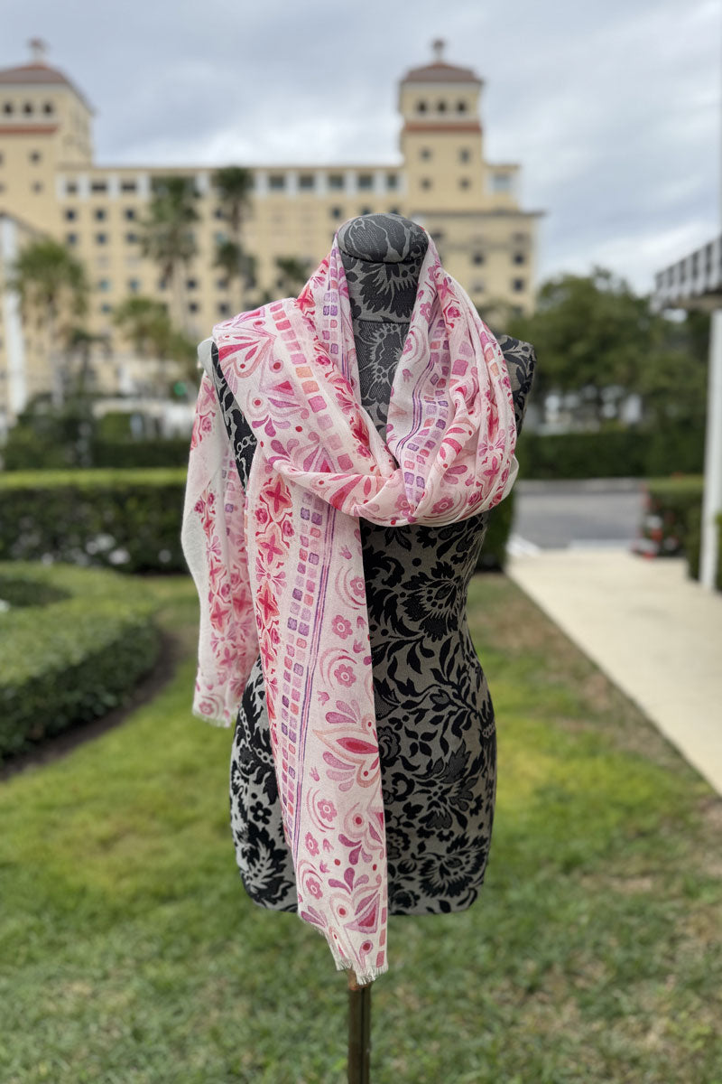 Mosaic Pink and Lilac Cashmere Scarf in Pink and Lilac - Mildred Hoit
