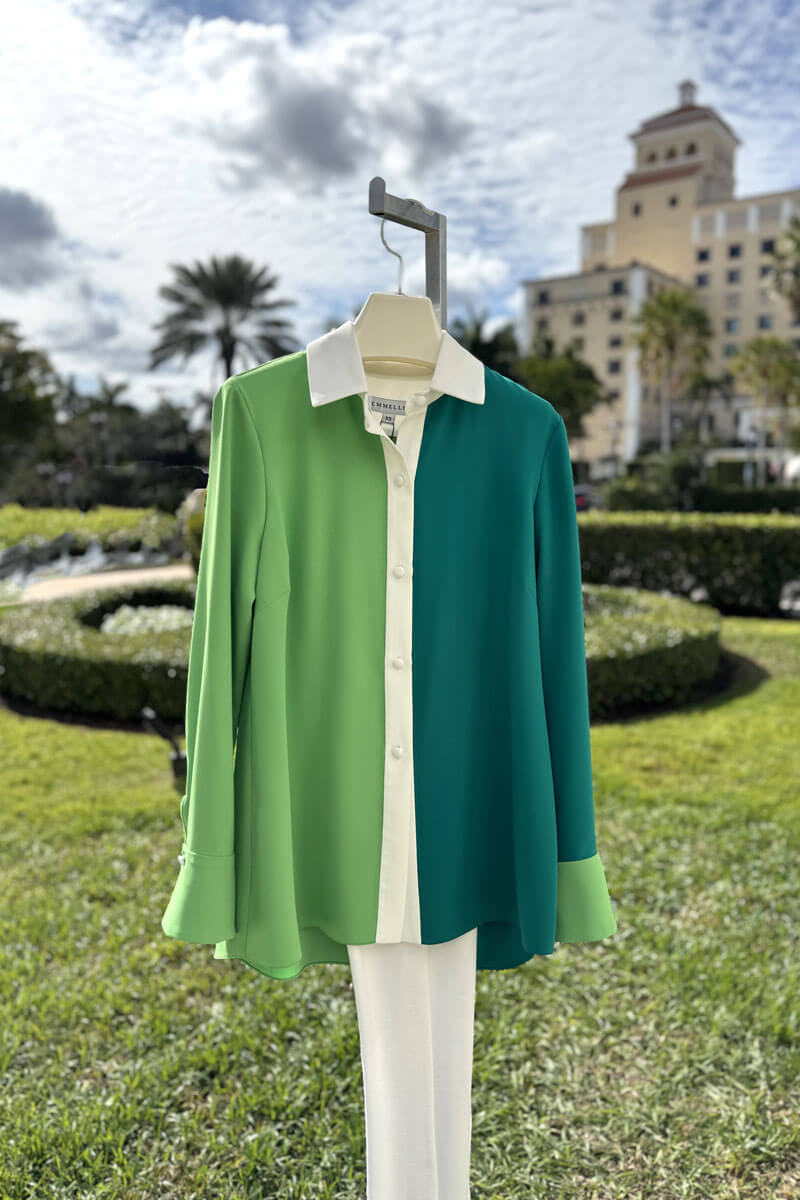 Emmelle Luxurious Crepe Tri-Color Blouse in Kiwi, Teal, and Pearl - Mildred Hoit