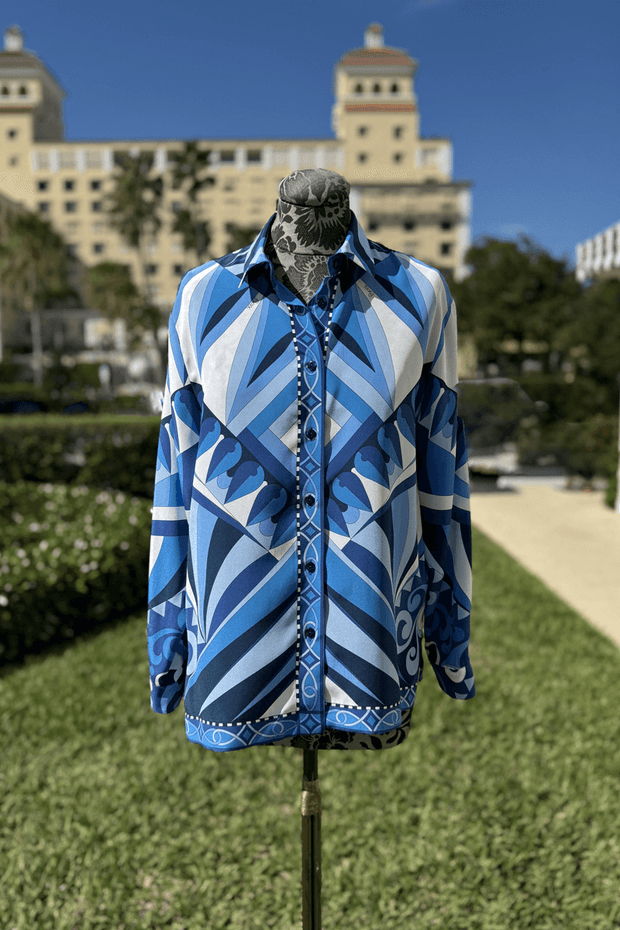Averardo Bessi Silk Button Down Blouse in Record 006 available at Mildred Hoit in Palm Beach.