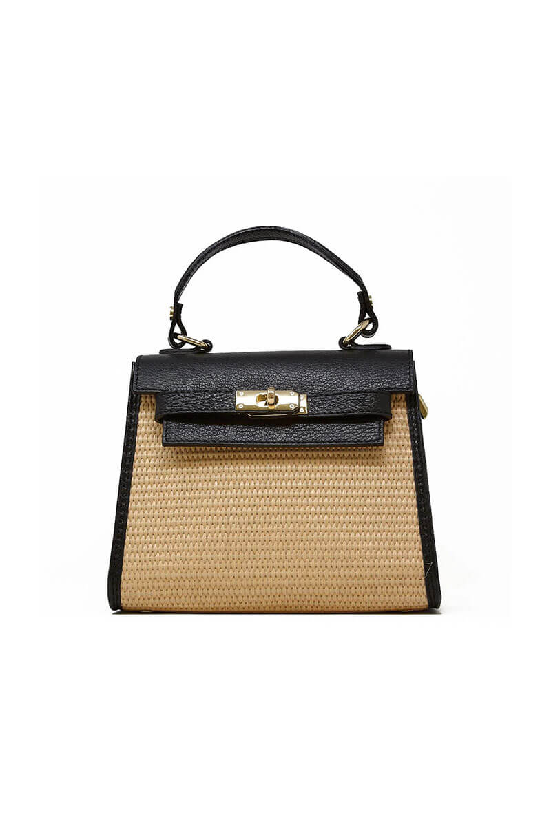 Black Leather and Raffia Bag - Mildred Hoit