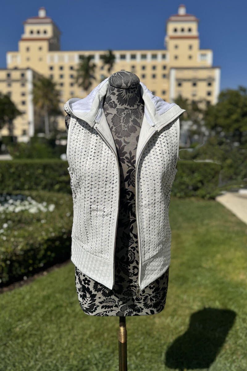 Woven Leather Hooded Vest in White - Mildred Hoit
