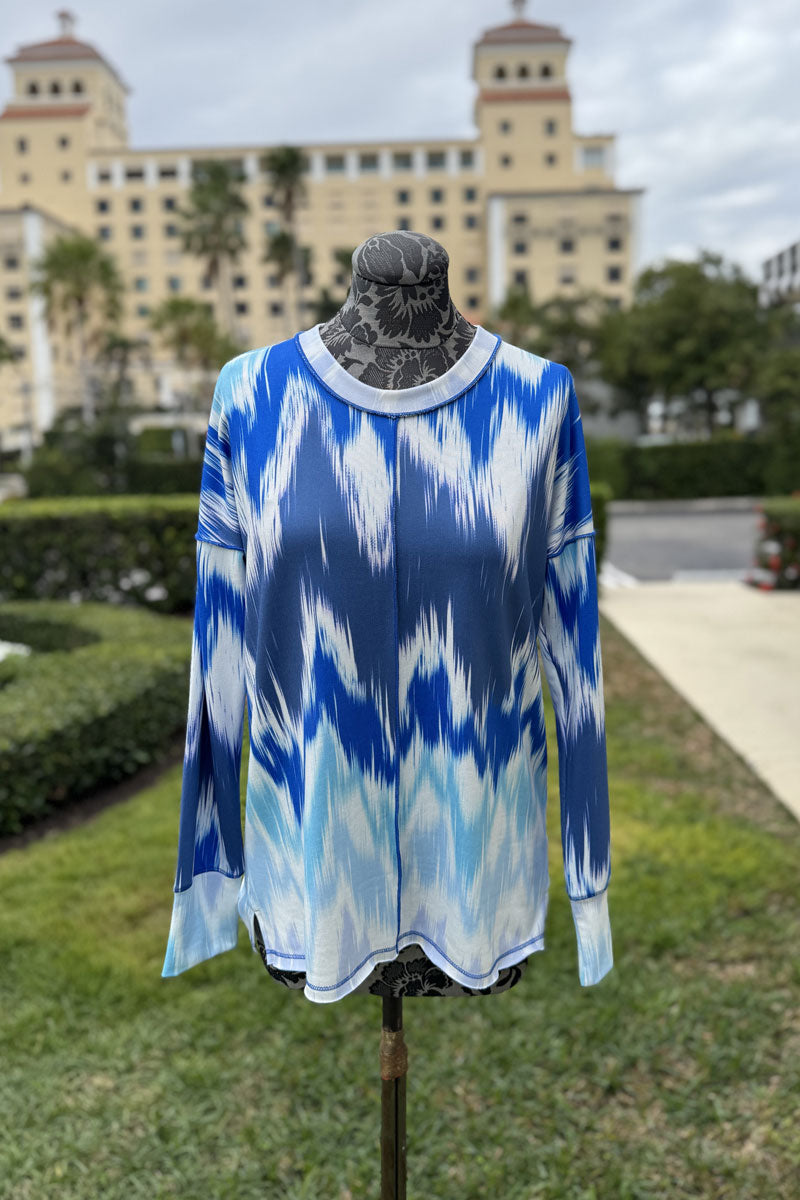 David Cline Blue Tribal Crew Neck Shirt available at Mildred Hoit in Palm Beach.