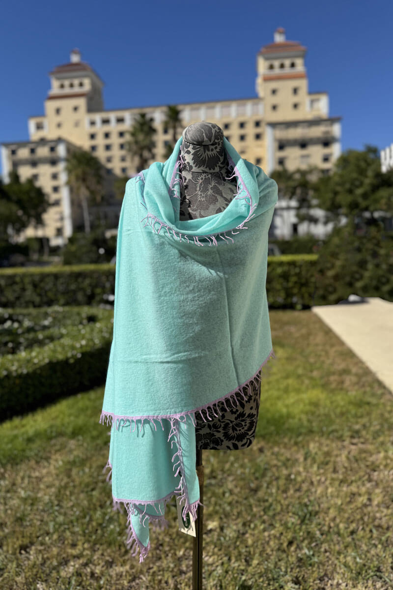 Aqua Scarf with Lilac Fringe available at Mildred Hoit