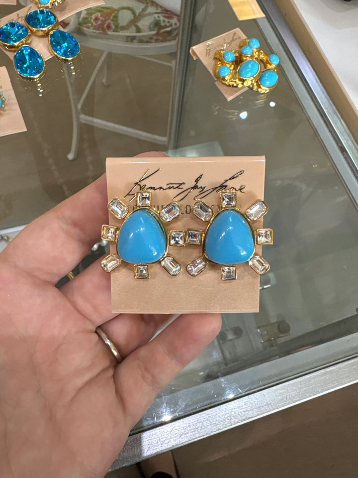Kenneth Jay Lane Gold, Turquoise, and Crystal Cabochon Earrings - Mildred Hoit